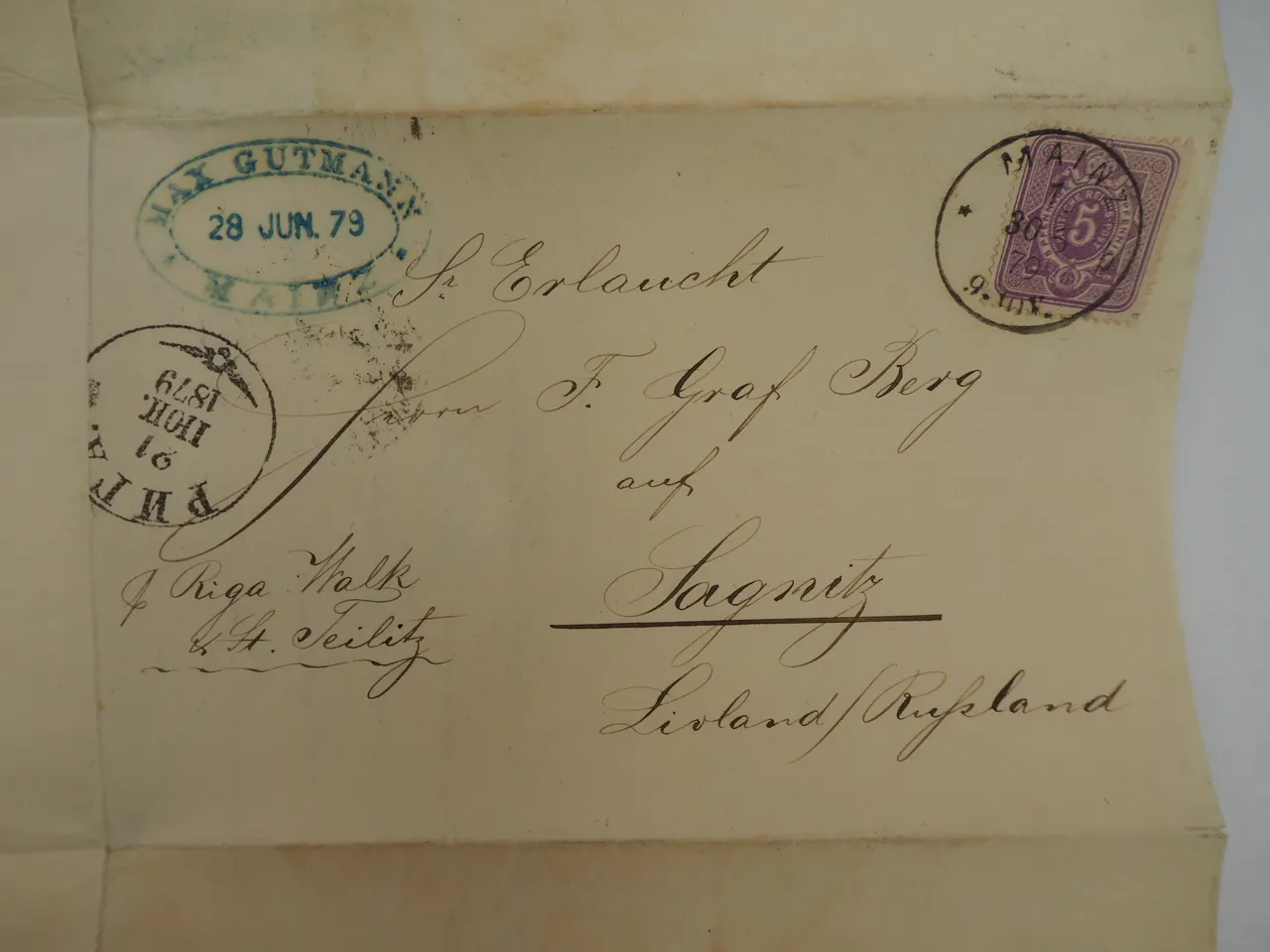 Brief Weinhändler Mainz an F. Graf Berg Schloss Sagnitz Sangaste Estland 1879
