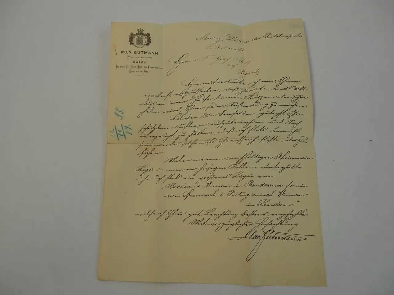 Brief Weinhändler Mainz an F. Graf Berg Schloss Sagnitz Sangaste Estland 1879