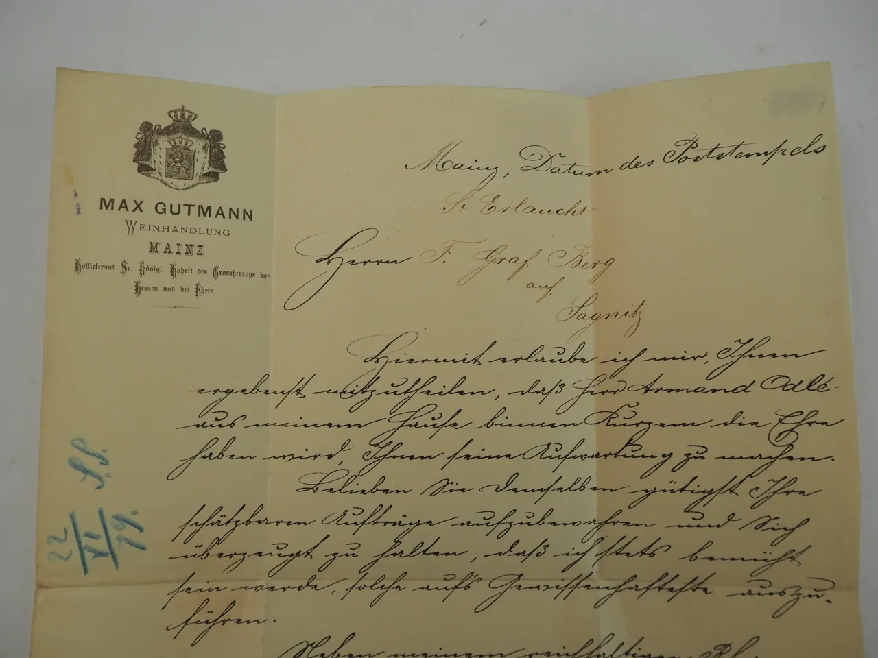 Brief Weinhändler Mainz an F. Graf Berg Schloss Sagnitz Sangaste Estland 1879