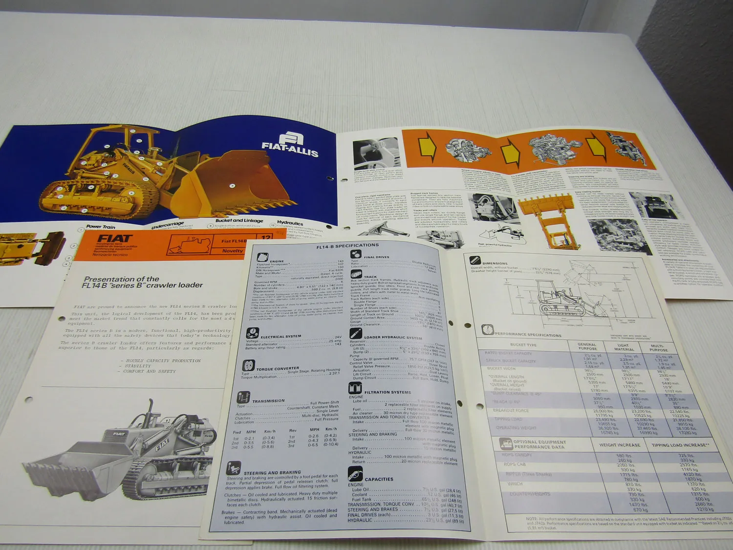 Brochure Fiat FL14B Crawler loader and Presentation Specifications 1975