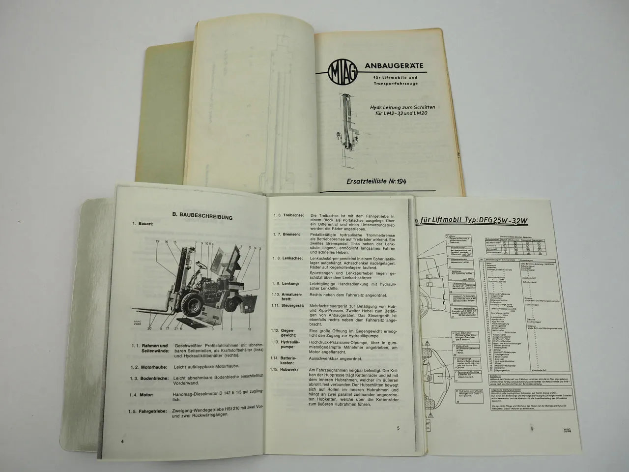 Bühler MIAG DFG3.2W Gabelstapler Bedienungsanleitung Ersatzteilliste Anbaugeräte