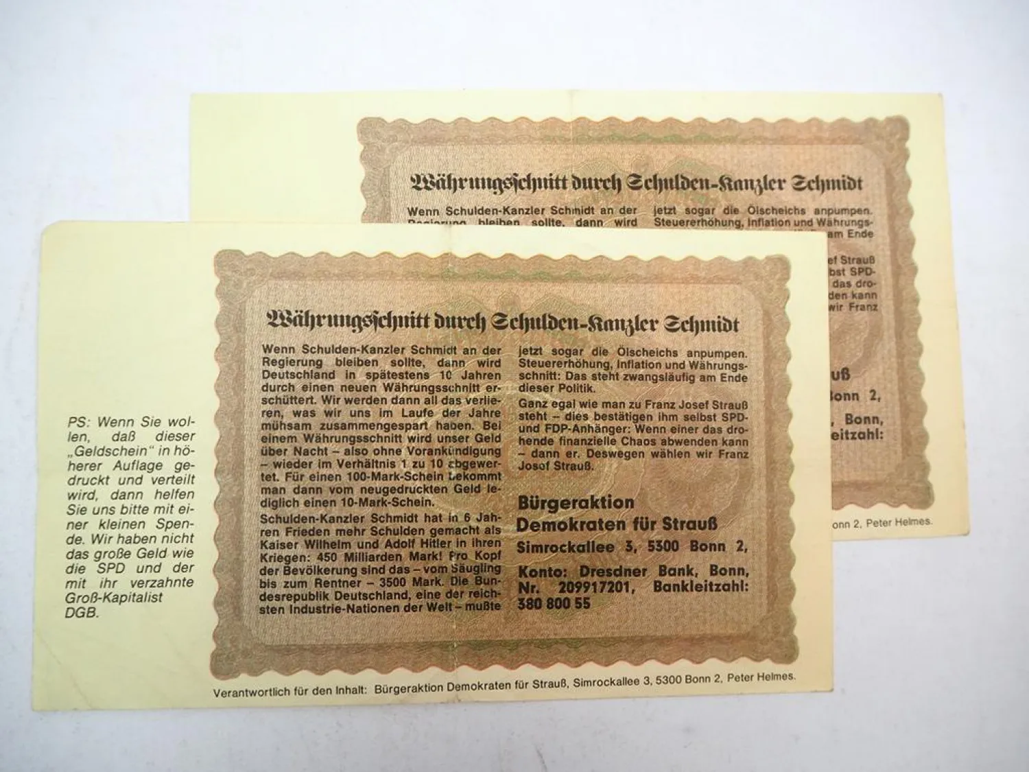 Bürgeraktion Demokraten für Strauß Wahlwerbung Hunderttausend Mark ca. 1980