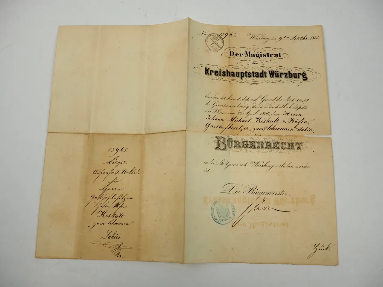 Bürgerrecht Urkunde 1872 Kiskalt von Höfen Gasthof Zum Schwanen Würzburg
