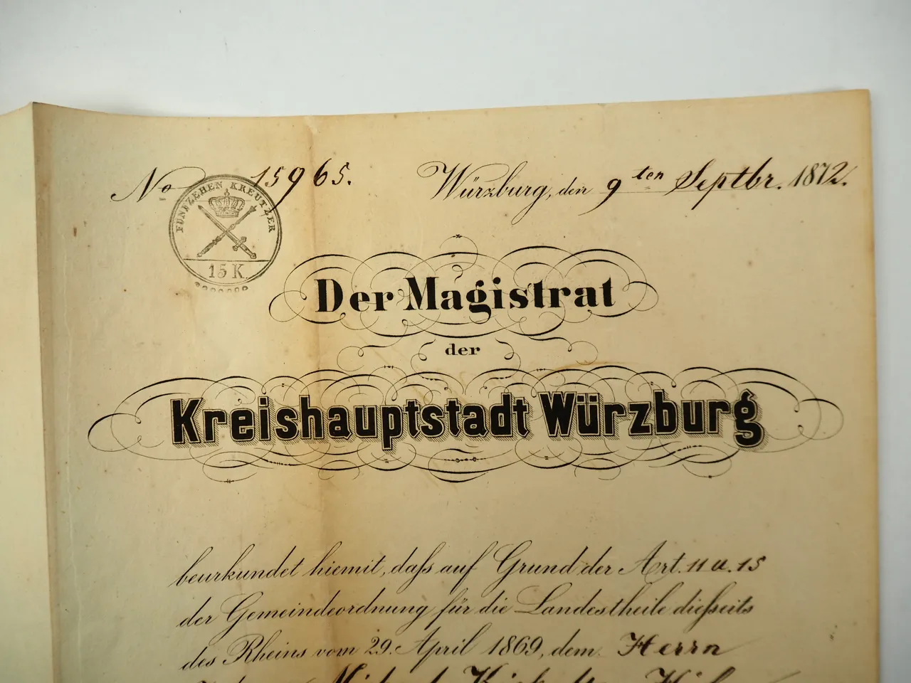 Bürgerrecht Urkunde 1872 Kiskalt von Höfen Gasthof Zum Schwanen Würzburg