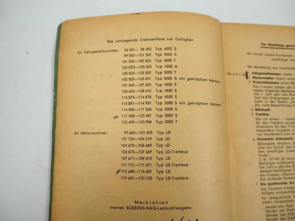 Büssing NAG 4500 5000 S A T Nutzkraftwagen LKW Ersatzteilliste 1948