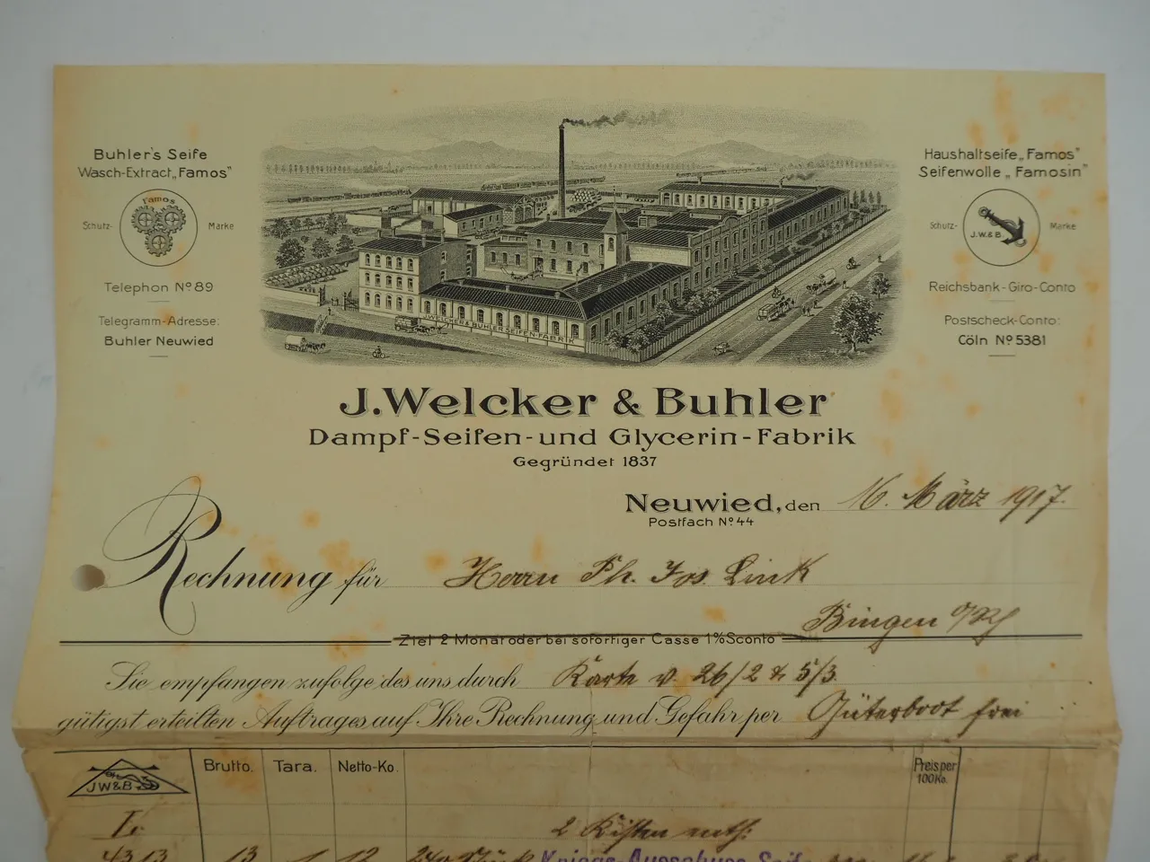 Buhler Seife Scheuer Pfeifen Cichorien Fabrik Neuwied 4x Rechnung 1899 bis 1917