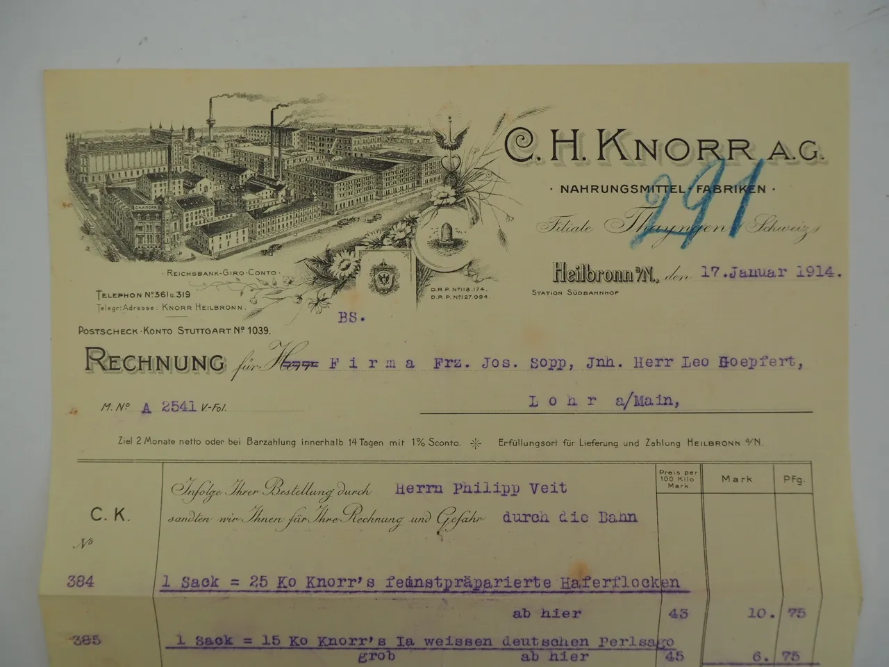 C. H. Knorr AG Heilbronn Nahrungsmittel Fabrik Rechnung 1914