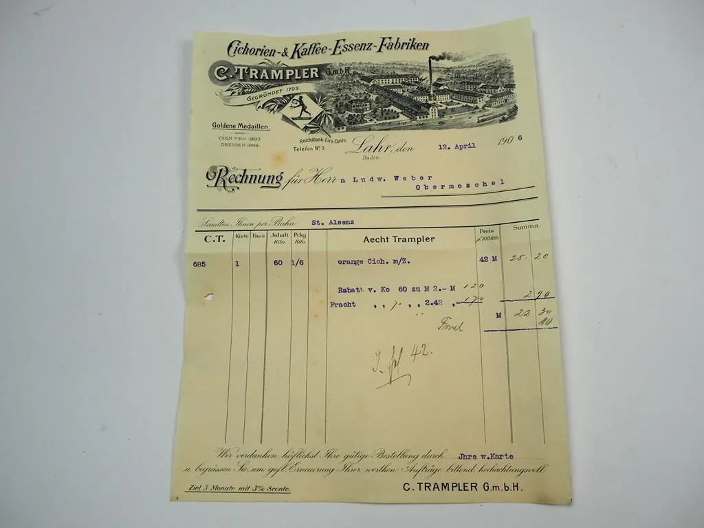 C. Trampler GmbH Cichorien Kaffee Essenz Fabriken Lahr Rechnung 1906