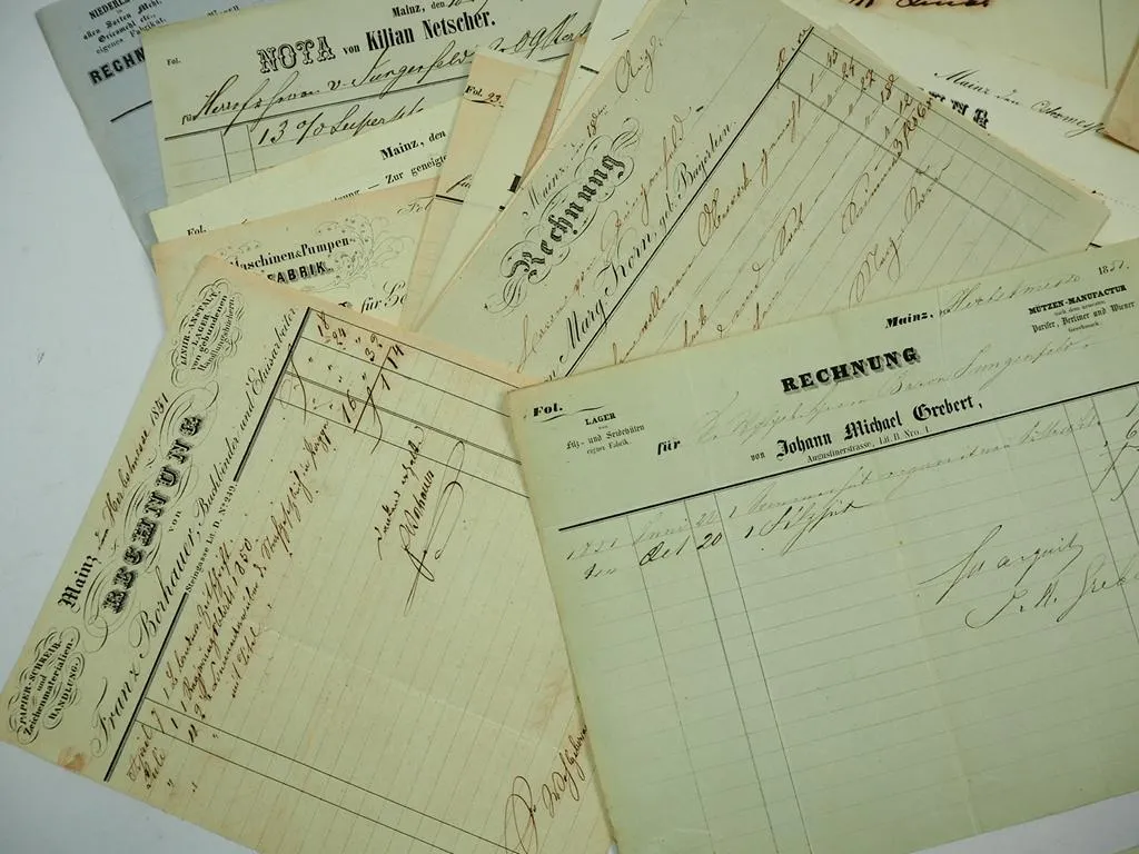 ca 40 alte Firmenrechnungen Mainz Hessen 1845 - 1860 Baron von Jungenfeld