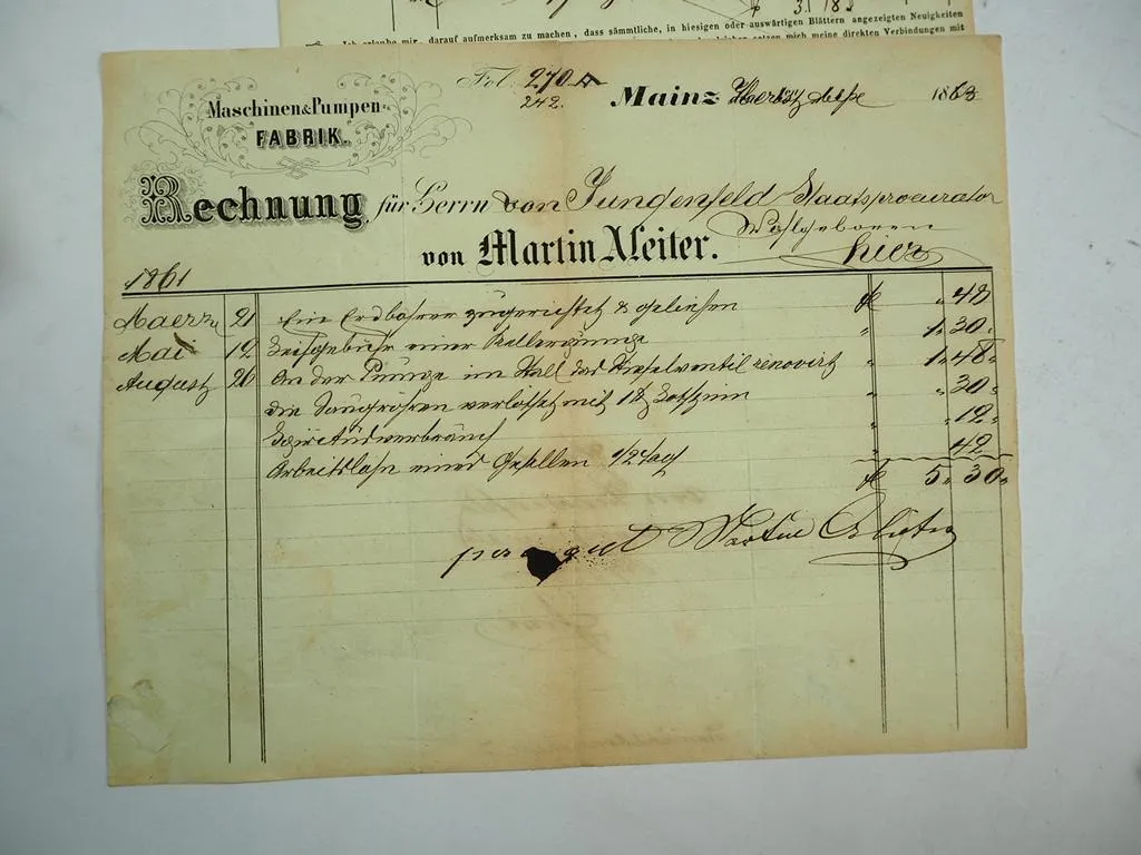 ca 40 alte Firmenrechnungen Mainz Hessen 1845 - 1860 Baron von Jungenfeld