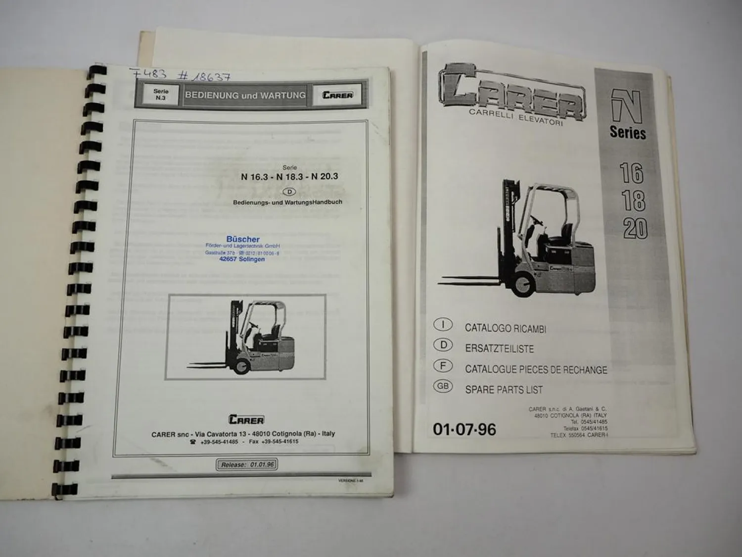 Carer N 16.3 18.3 20.3 Gabelstapler Betriebsanleitung Ersatzteilliste 1996