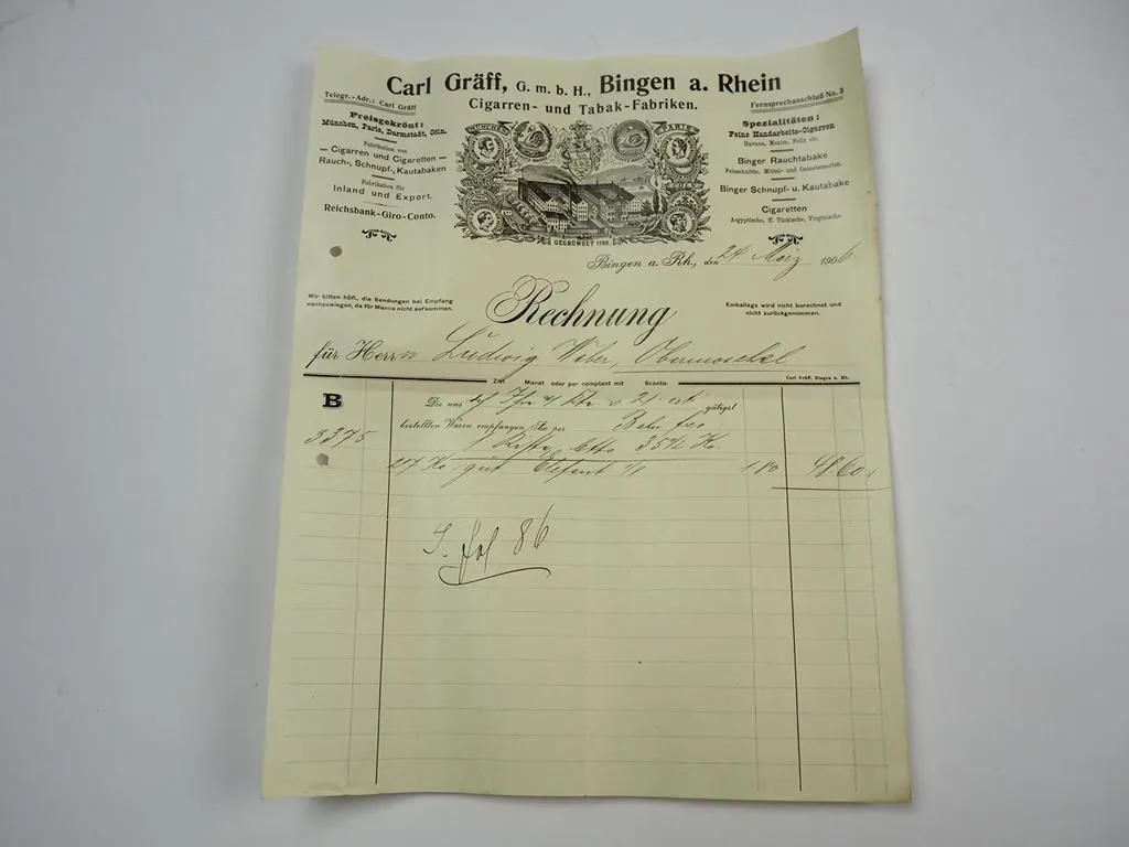 Carl Gräff GmbH Bingen am Rhein Zigarren Tabakfabrik Rechnung 24.März 1906
