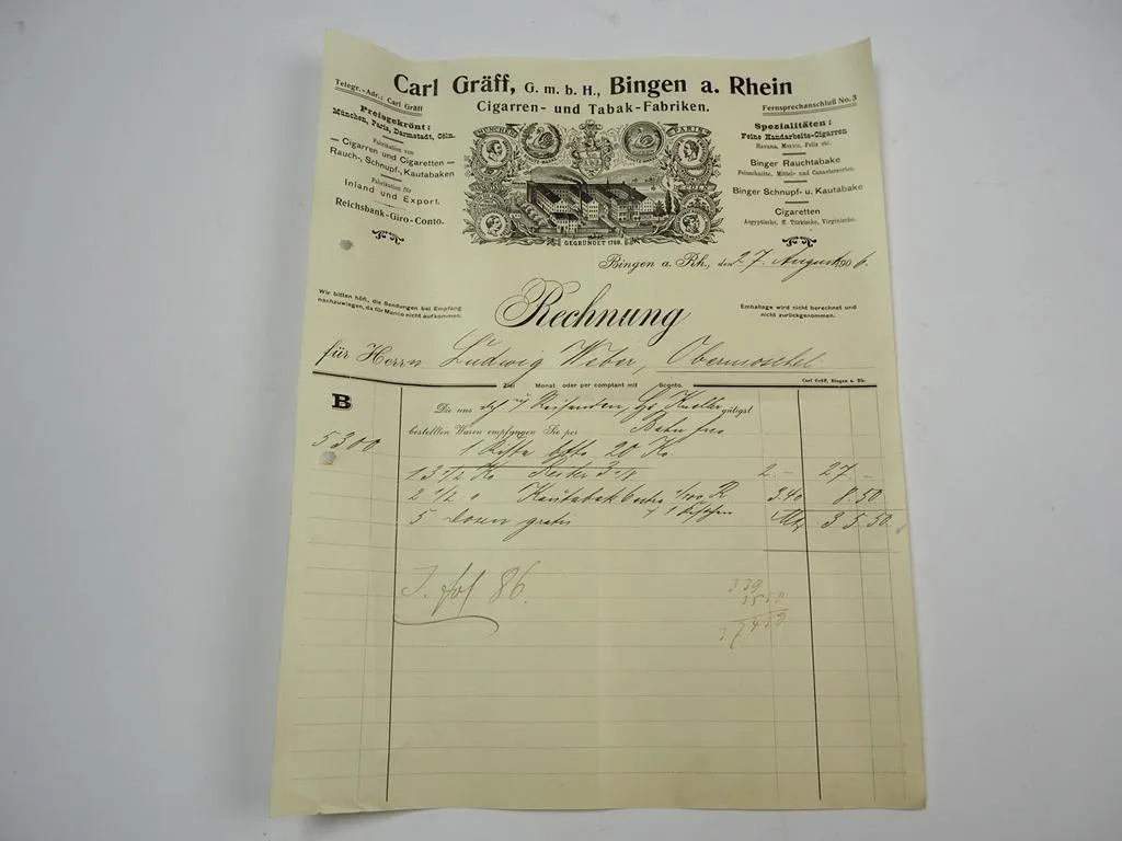 Carl Gräff GmbH Bingen am Rhein Zigarren Tabakfabrik Rechnung 27.Aug.1906