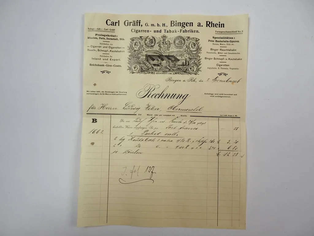 Carl Gräff GmbH Bingen am Rhein Zigarren Tabakfabrik Rechnung 2.Nov.1906