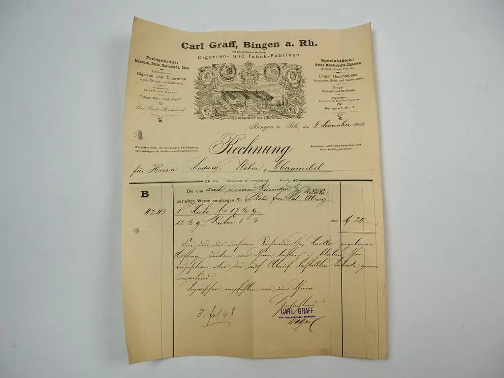 Carl Gräff GmbH Bingen am Rhein Zigarren Tabakfabrik Rechnung 6.Nov.1902
