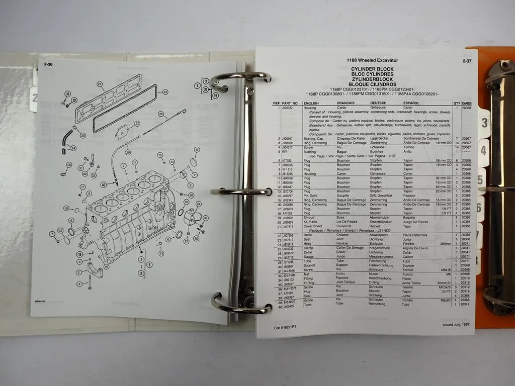 Case 1188 Radbagger Excavator + Ausrüstungen Ersatzteilkatalog Parts List 1995