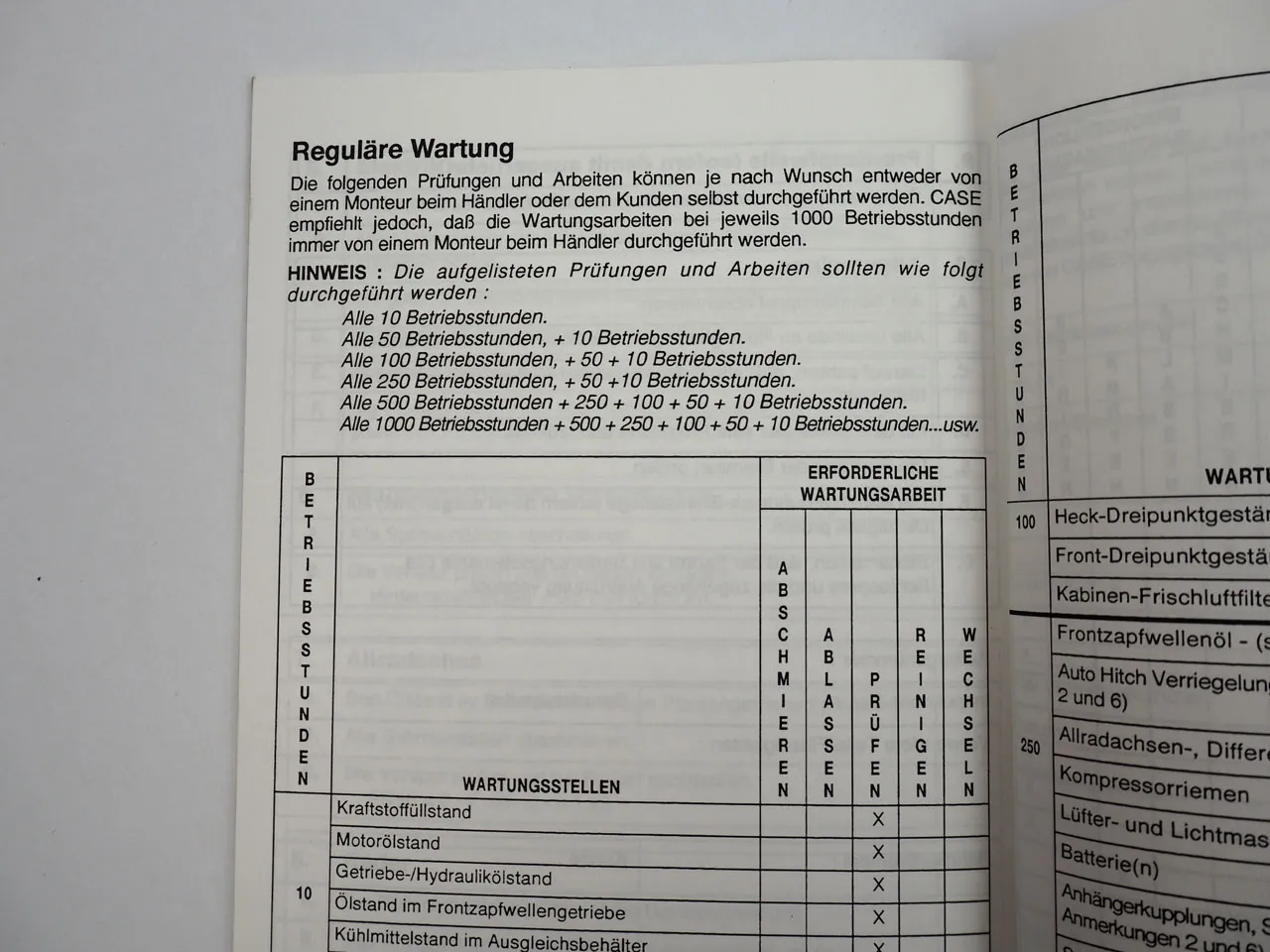 Case IHC CX 50 60 70 80 90 100 Schlepper Wartungheft Auslieferungshandbuch