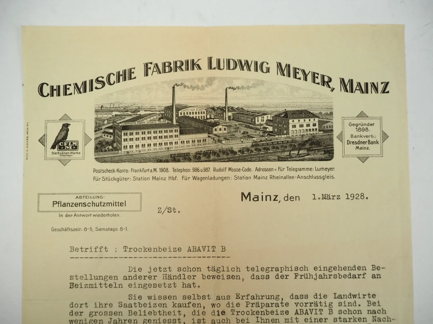 CFLM Chemische Fabrik L. Meyer Mainz Pflanzenschutzmittel Geschäftsbrief 1928