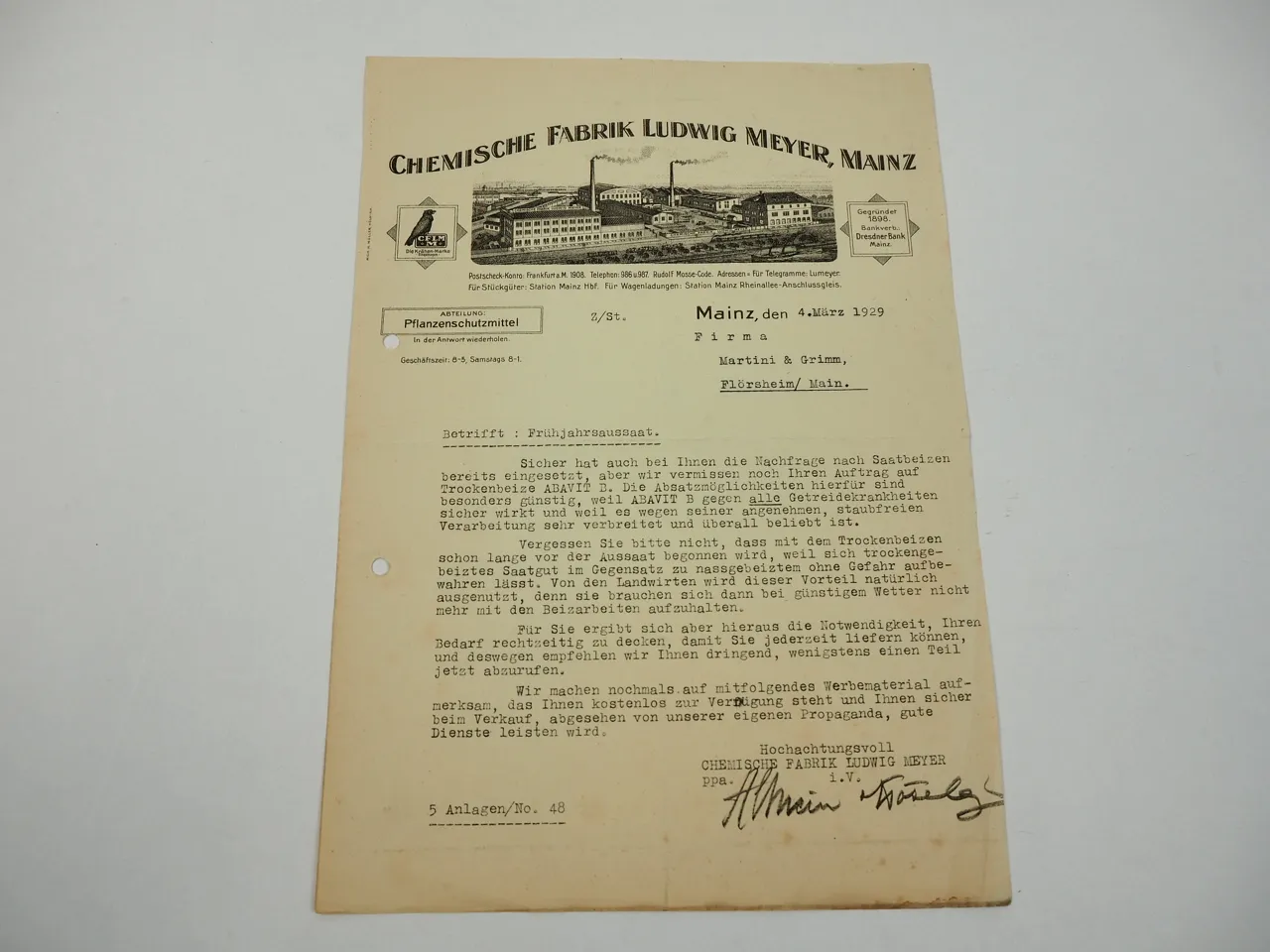 Chemische Fabrik Ludwig Meyer Mainz Brief 1929