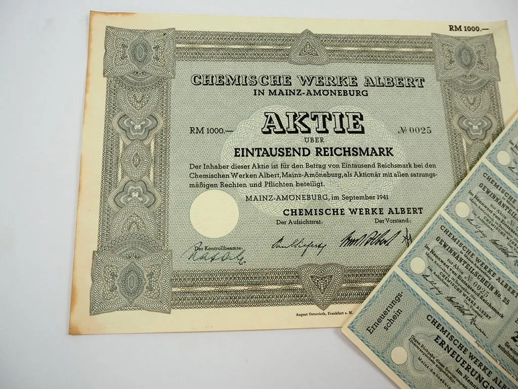Chemische Werke Albert Mainz Amöneburg 1000RM Aktie 0025 Gewinnanteilschein 1941