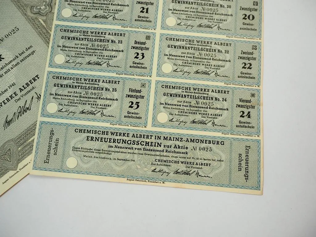 Chemische Werke Albert Mainz Amöneburg 1000RM Aktie 0025 Gewinnanteilschein 1941