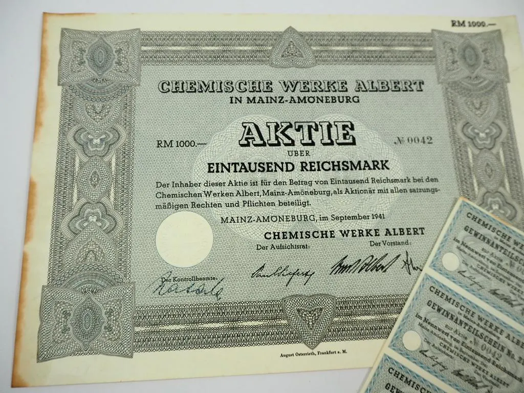Chemische Werke Albert Mainz Amöneburg 1000RM Aktie 0042 Gewinnanteilschein 1941