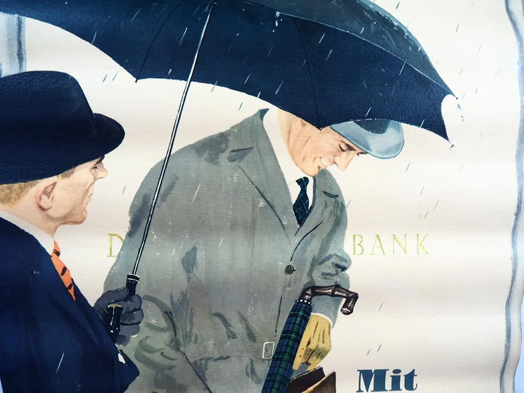 Chic mit Schirm Herren im Anzug Regenschirm Werbung Original Plakat 1960er Jahre
