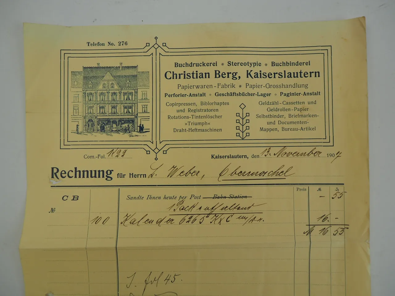 Christian Berg Kaiserslautern Buchdruckerei Papierwaren Fabrik Rechnung 1907
