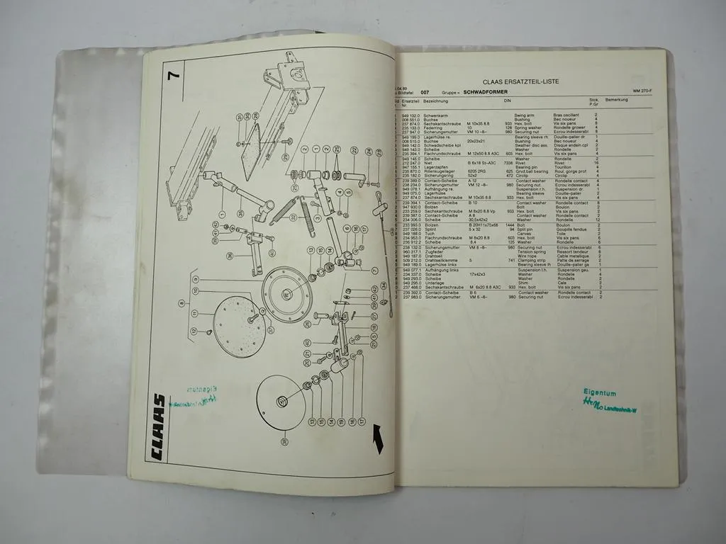 Claas 270F Mähwerk Ersatzteilliste Spare Parts List 1989 Teilekatalog