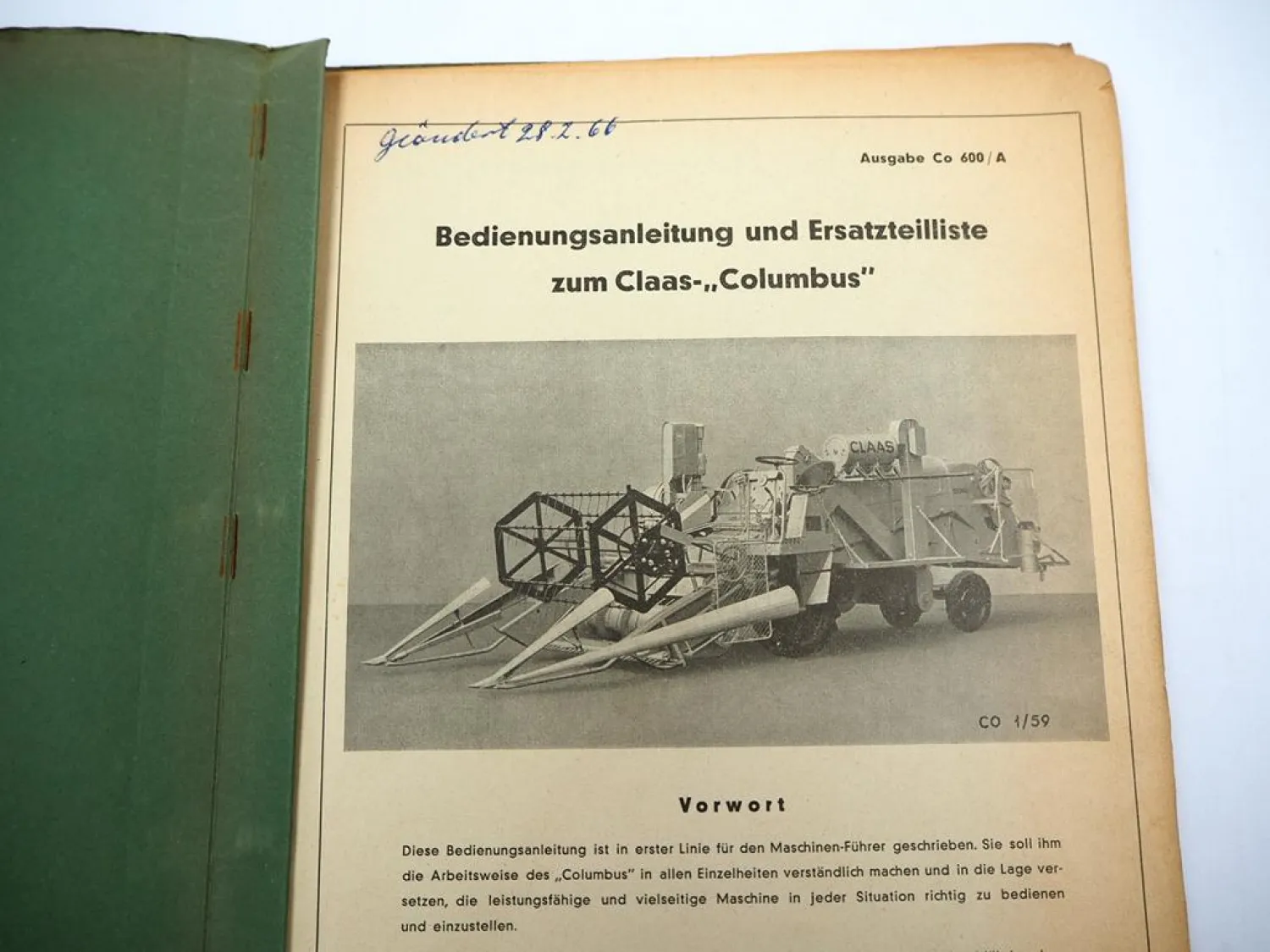Claas Columbus Mähdrescher Betriebsanleitung Ersatzteilliste 4/1960