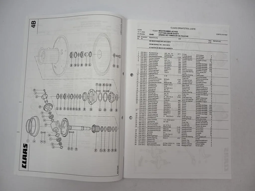 Claas Corto 270 FN F Mähwerk Ersatzteilliste Spare Parts List 2003