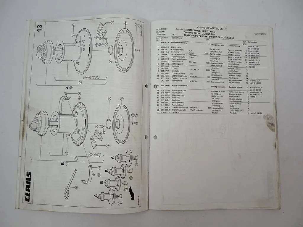 Claas Corto 270 S Mähwerk Ersatzteilliste Spare Parts List 2001