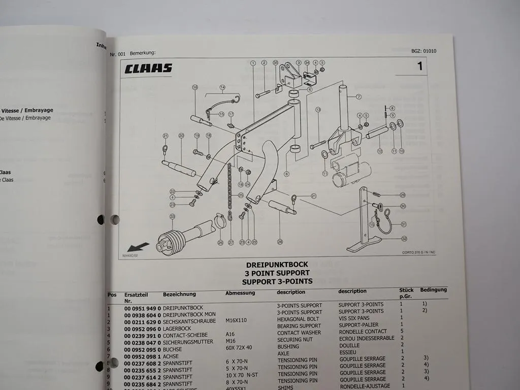 Claas Corto 270 S N NC Mähwerk Ersatzteilliste Spare Parts List 2009