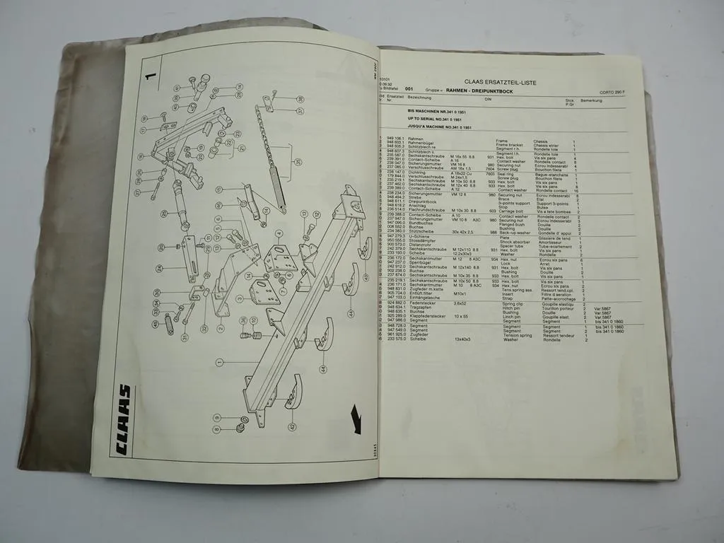 Claas Corto 290F Mähwerk Ersatzteilliste Spare Parts List 1992