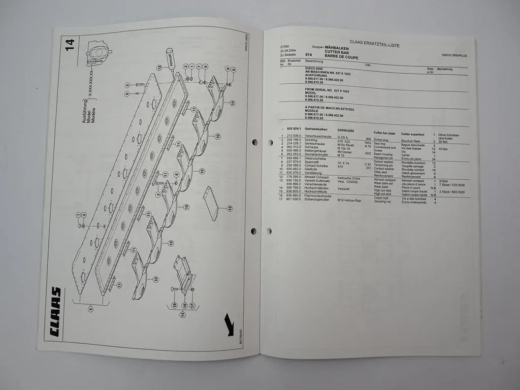 Claas Disco 2650 2650Plus Mähwerk Ersatzteilliste Spare Parts List 2004