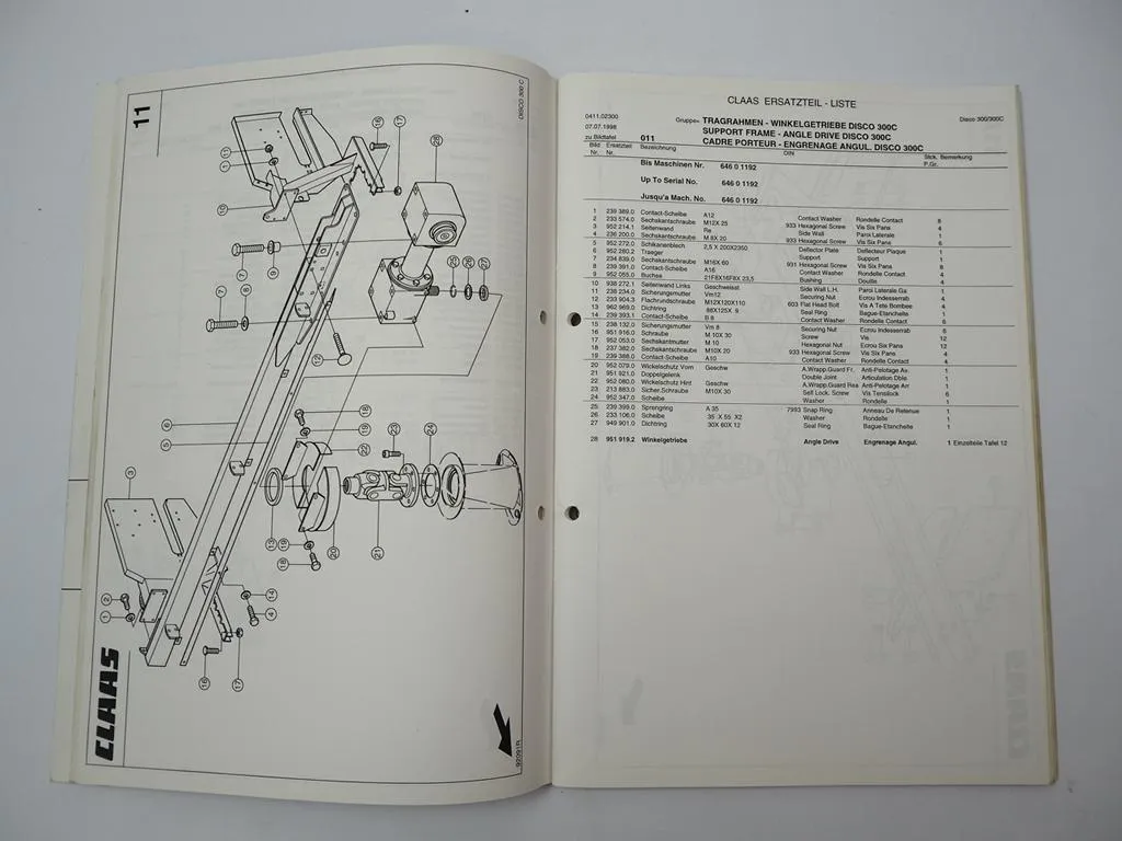 Claas Disco 300 300C Scheibenmähwerk Ersatzteilliste Spare Parts List 1998