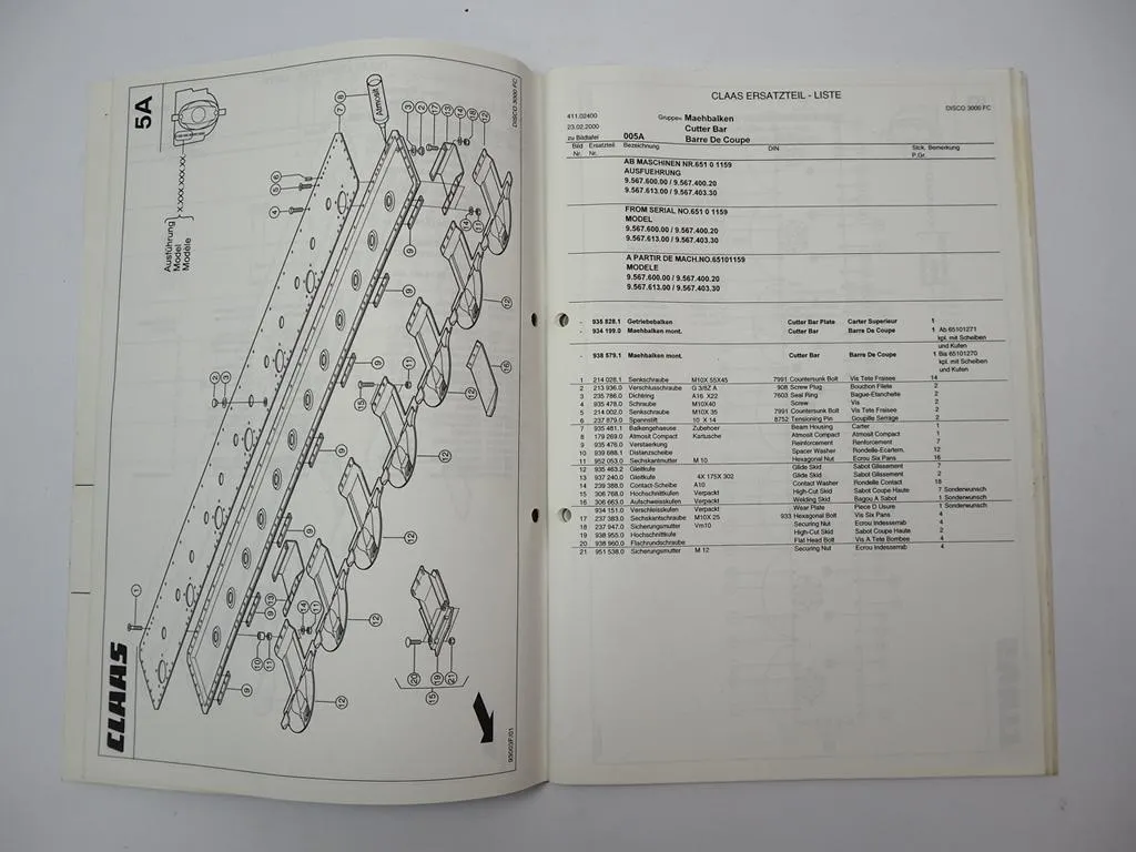 Claas Disco 3000 FC Mähwerk Ersatzteilliste Spare Parts List 2000