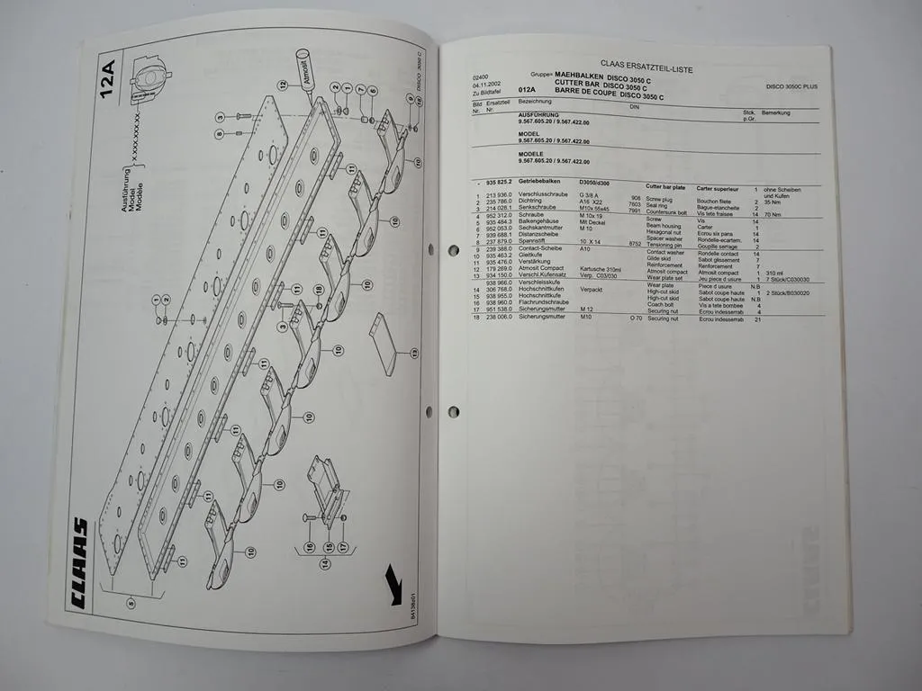 Claas Disco 3050 C Plus Mähwerk Ersatzteilliste Spare Parts List 2002