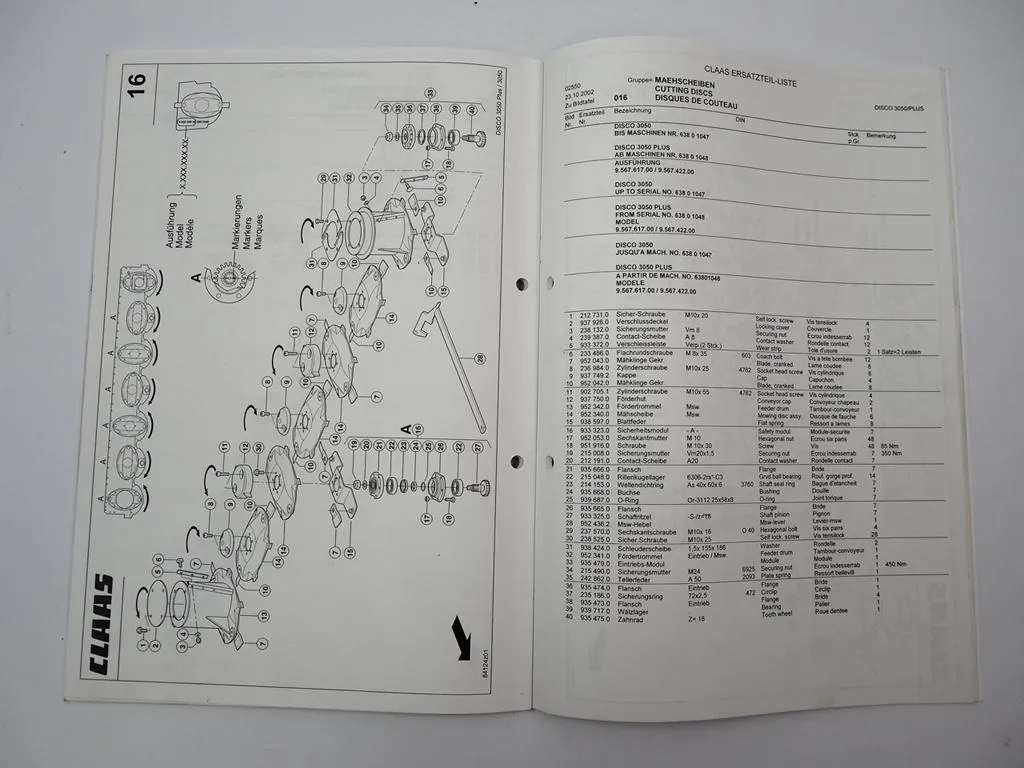 Claas Disco 3050 Plus Mähwerk Ersatzteilliste Spare Parts List 2002