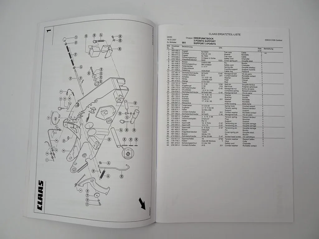 Claas Disco 3100 Contour Mähwerk Ersatzteilliste Spare Parts List 2007