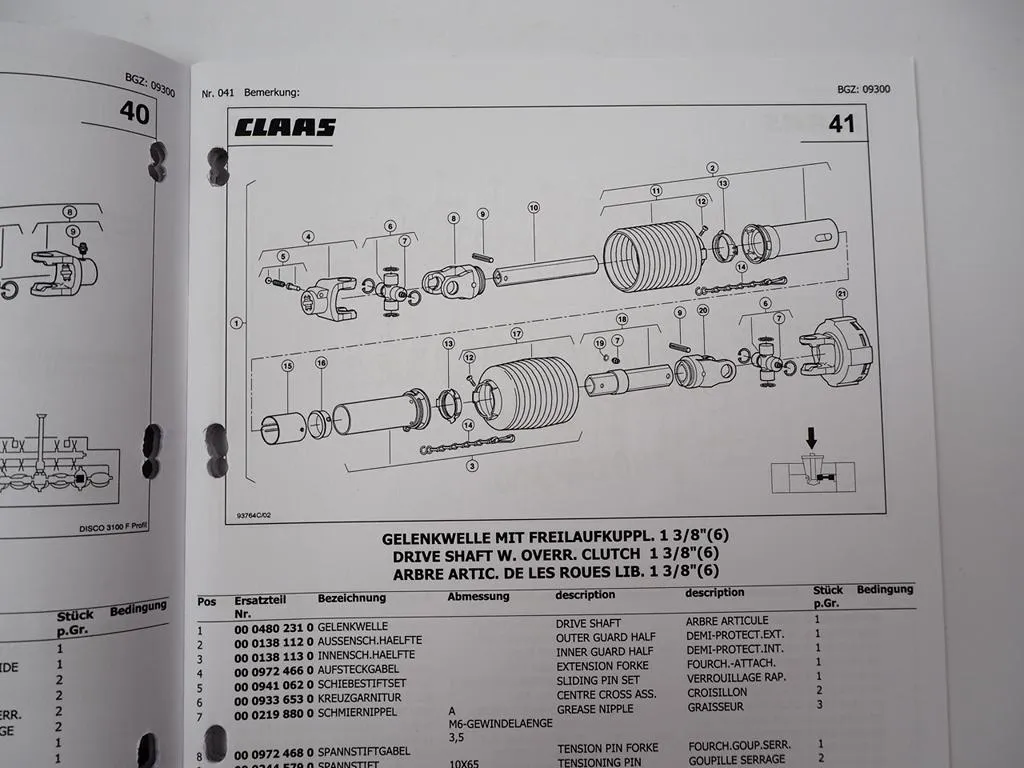 Claas Disco 3100 F Profil Mähwerk Ersatzteilliste Spare Parts List 2009