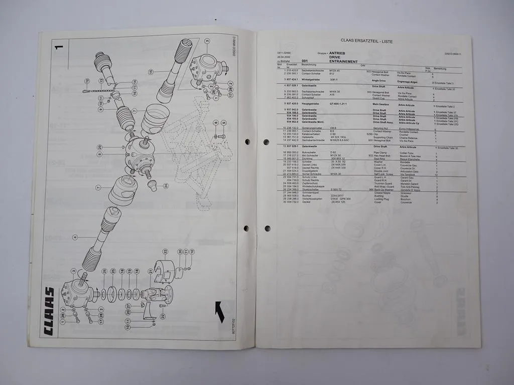 Claas Disco 8500 C Scheibenmähwerk Ersatzteilliste Spare Parts List 2000