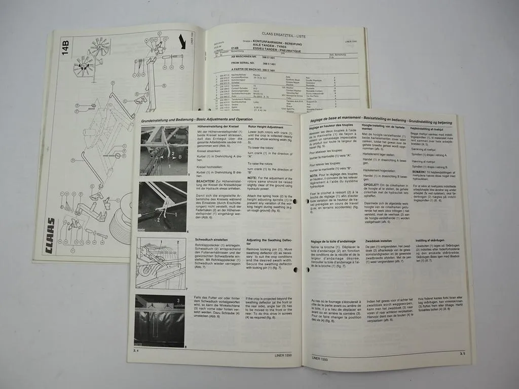Claas Liner 1550 Schwader Betriebsanleitung Ersatzteilliste 1998/99