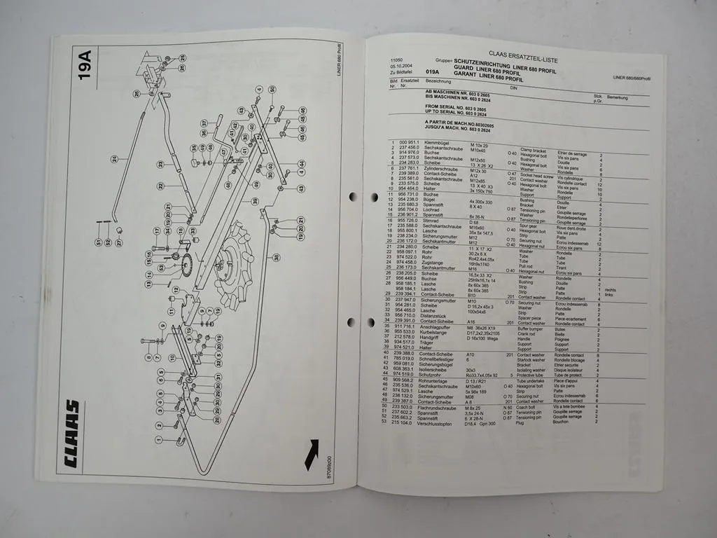 Claas Liner 680 Profil L Kreiselschwader Ersatzteilliste Spare Parts List 2004