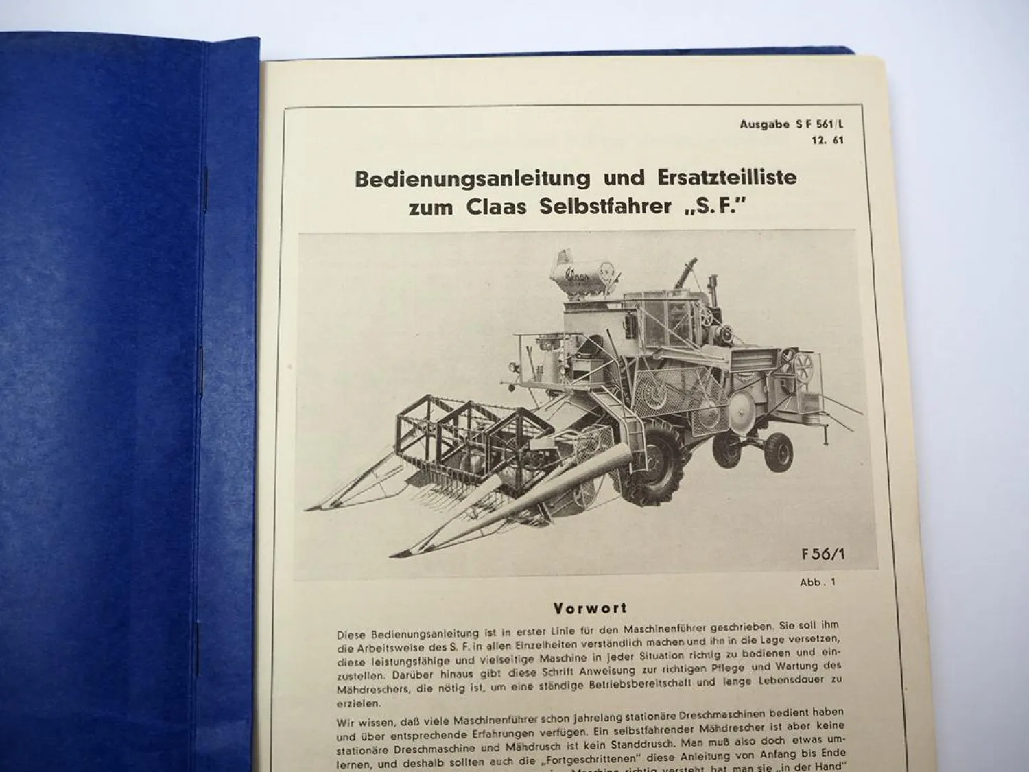 Claas SF selbstfahrender Mähdrescher Betriebsanleitung Ersatzteilliste 12/1961
