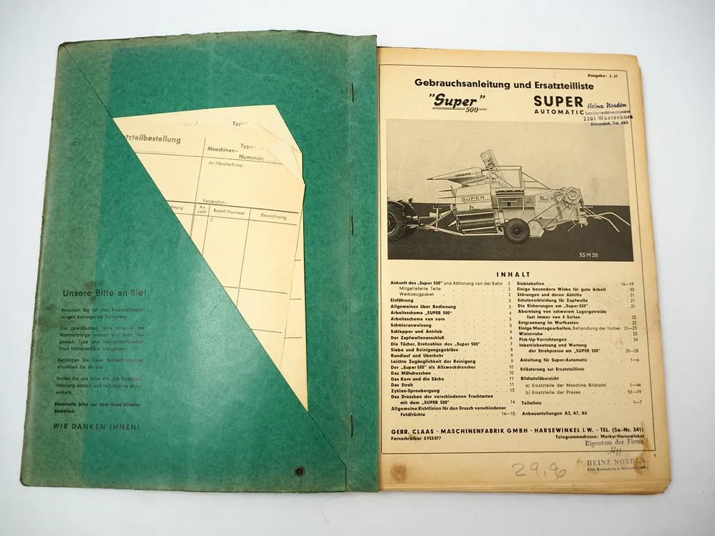 Claas Super Automatic Mähdrescher Betriebsanleitung Ersatzteilliste 1961