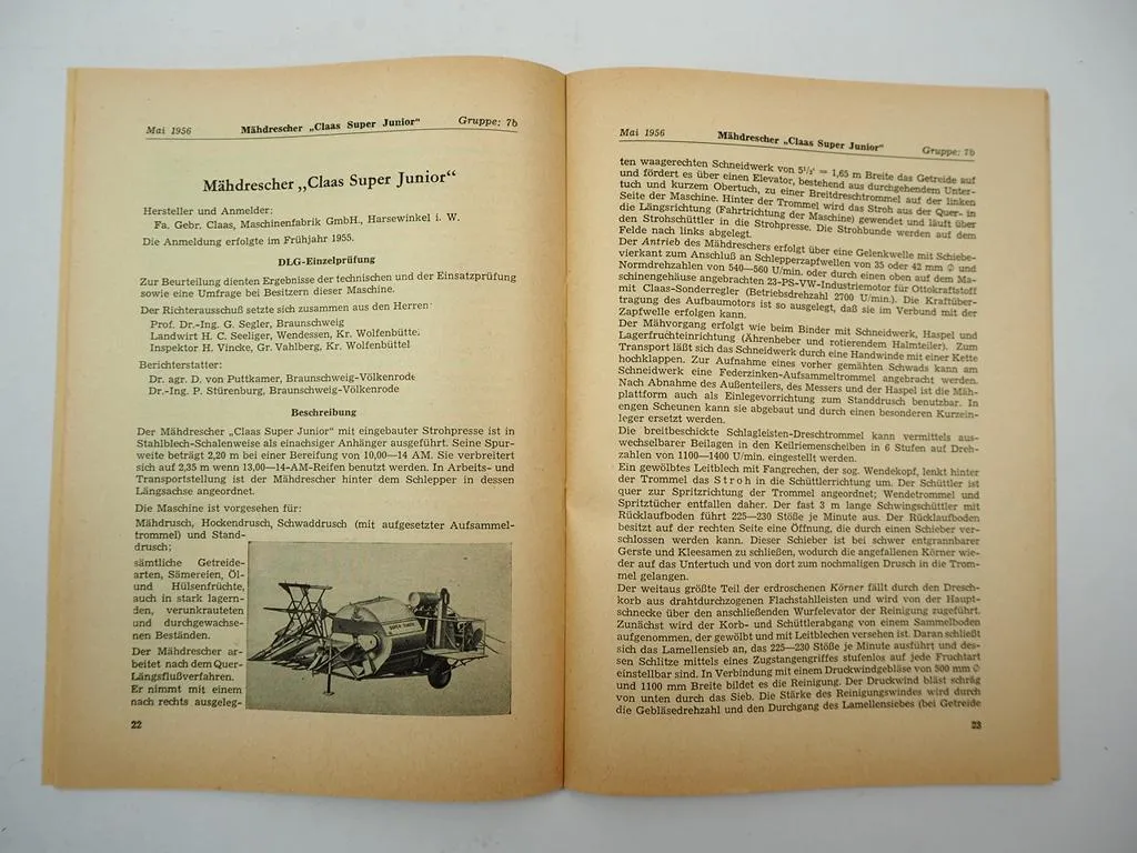 Claas Super Junior Super 500 SF55 Mähdrescher Maschinenprüfungsbericht DLG 1956