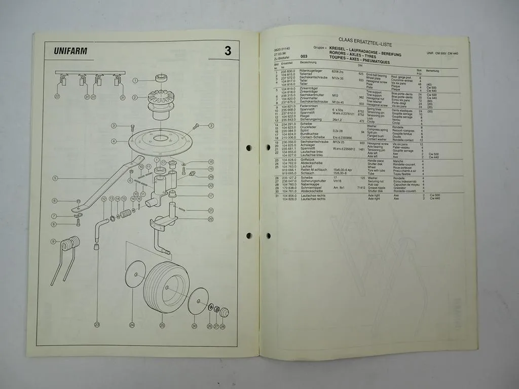 Claas Unifarm CW 500 440 Heuwender Betriebsanleitung Ersatzteilliste 1996