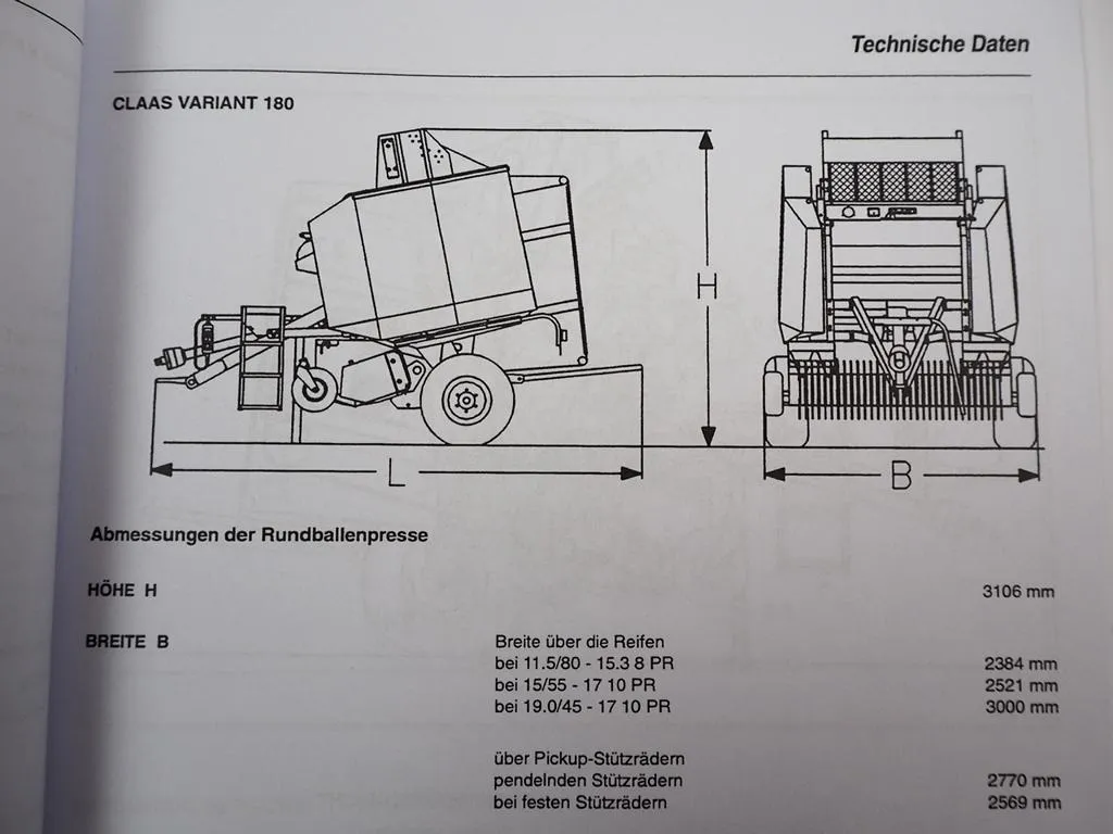 Claas Variant 180 Rundballenpresse Betriebsanleitung Bedienung Wartung Pflege 1995
