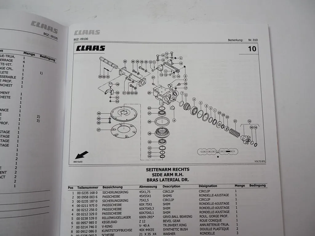 Claas Volto 870 Heuwender Ersatzteilliste Spare Parts List 2010
